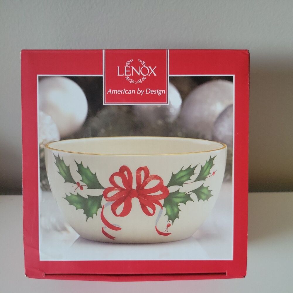Vintage Lenox Holiday Bowl 16oz Holly Red Ribbon Gold American By Design New NIB